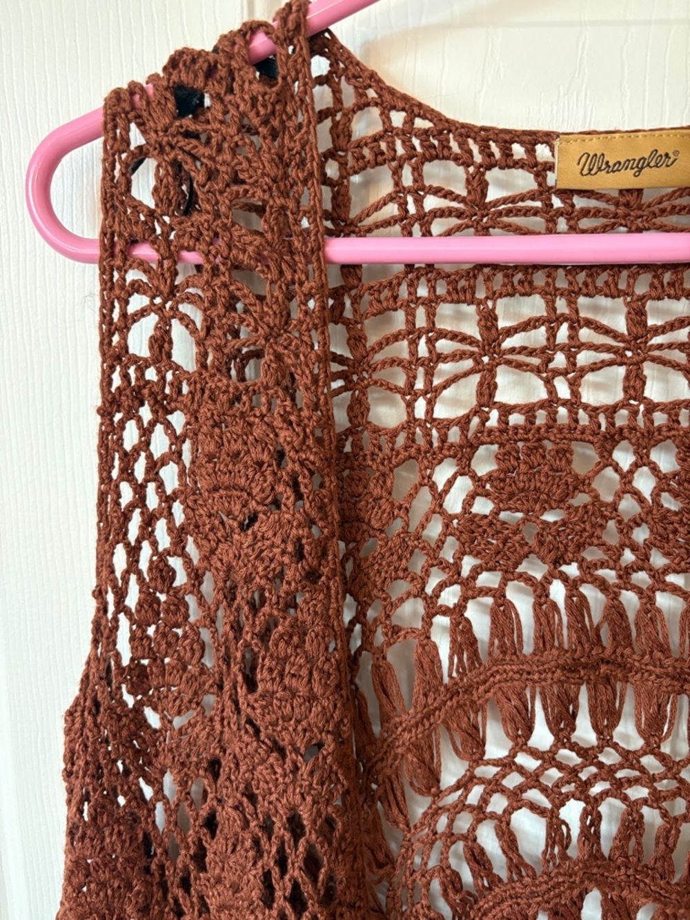 NWOT Beautiful Wrangler Brand Crochet Fringe Open Front Vest in Rich Brown M - Picture 8 of 17